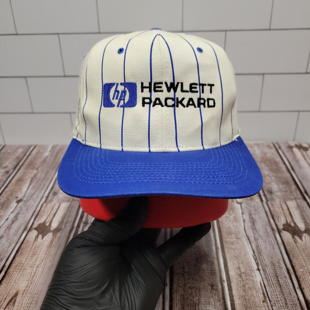 Vintage Hewlett Packard HP Pinstripe Snapback Hat Blue White USA Tech Cap